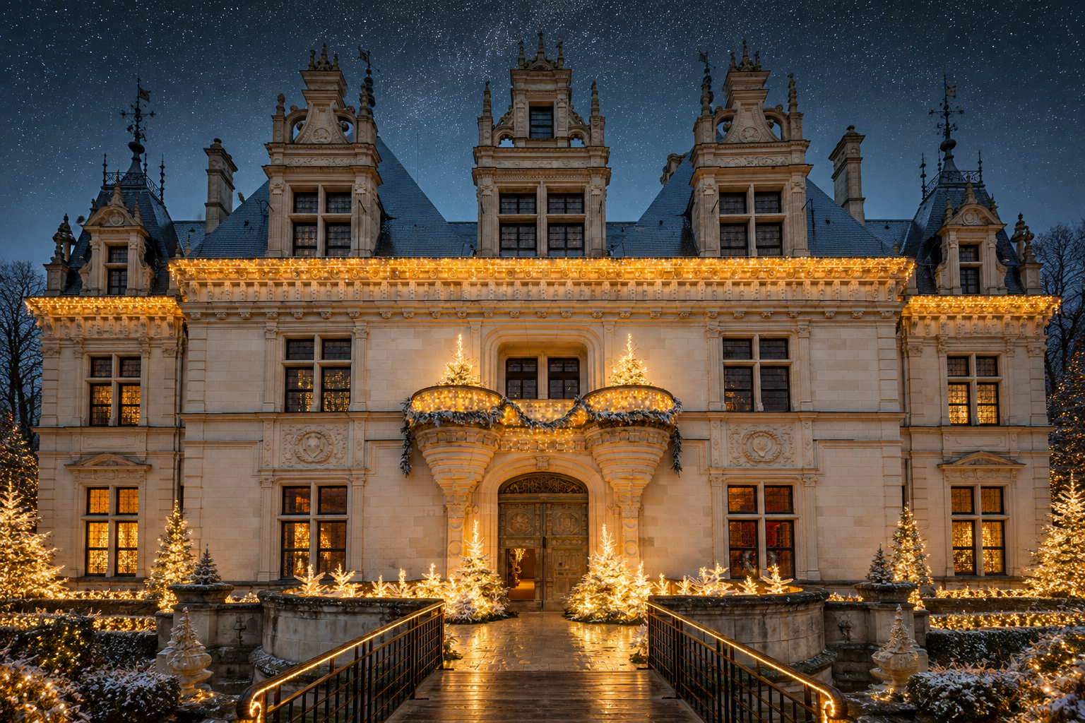 Vue horizontale de la façade de Chenonceau illuminée, avec des sapins éclairés et la passerelle au premier plan. Visuel fourni par l’utilisateur, présenté à titre d’illustration.