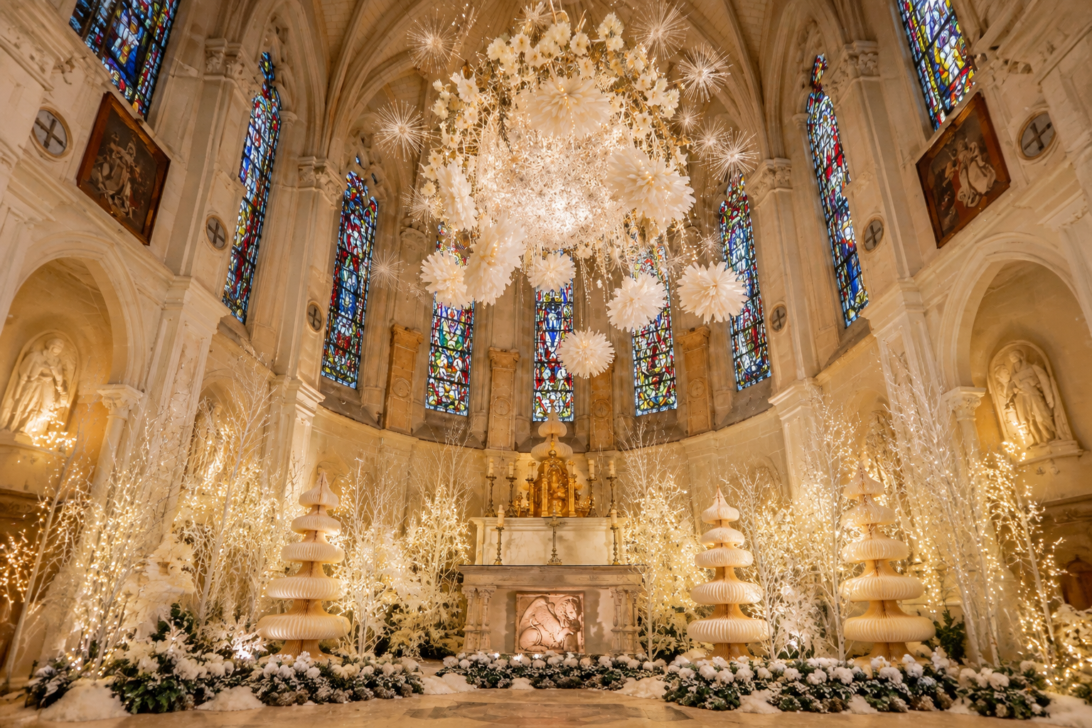 Vue horizontale de l’intérieur d’une chapelle, avec vitraux colorés, autel et décorations blanches lumineuses. Visuel fourni par l’utilisateur, présenté à titre d’illustration.