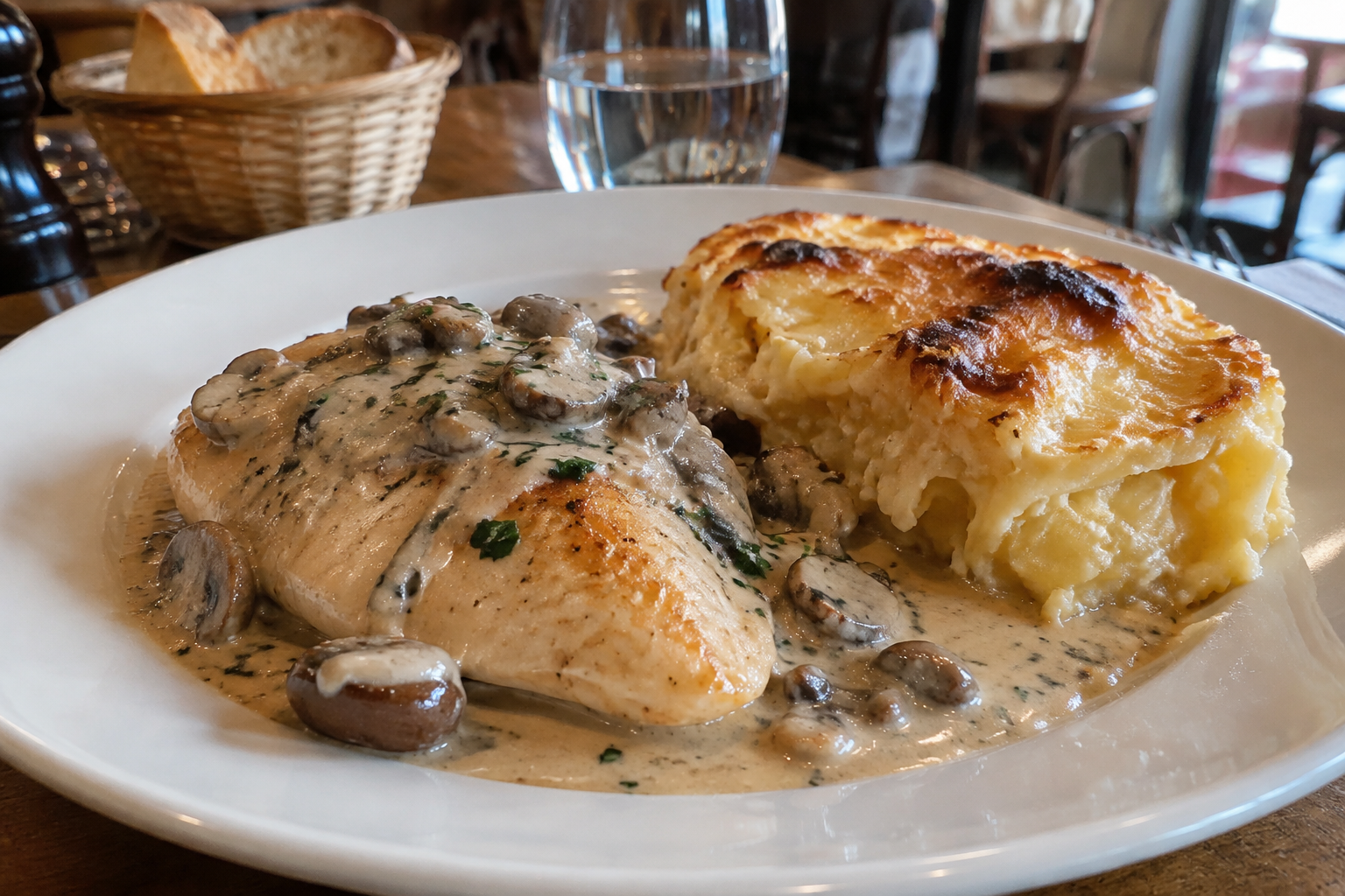 Filet de poulet, sauce forestière, gratin dauphinois